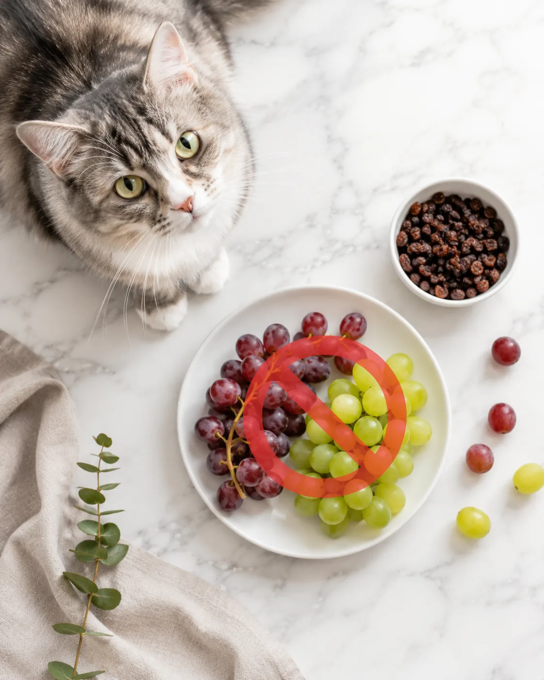 Fresh grapes and raisins on a white plate beside a curious tabby cat