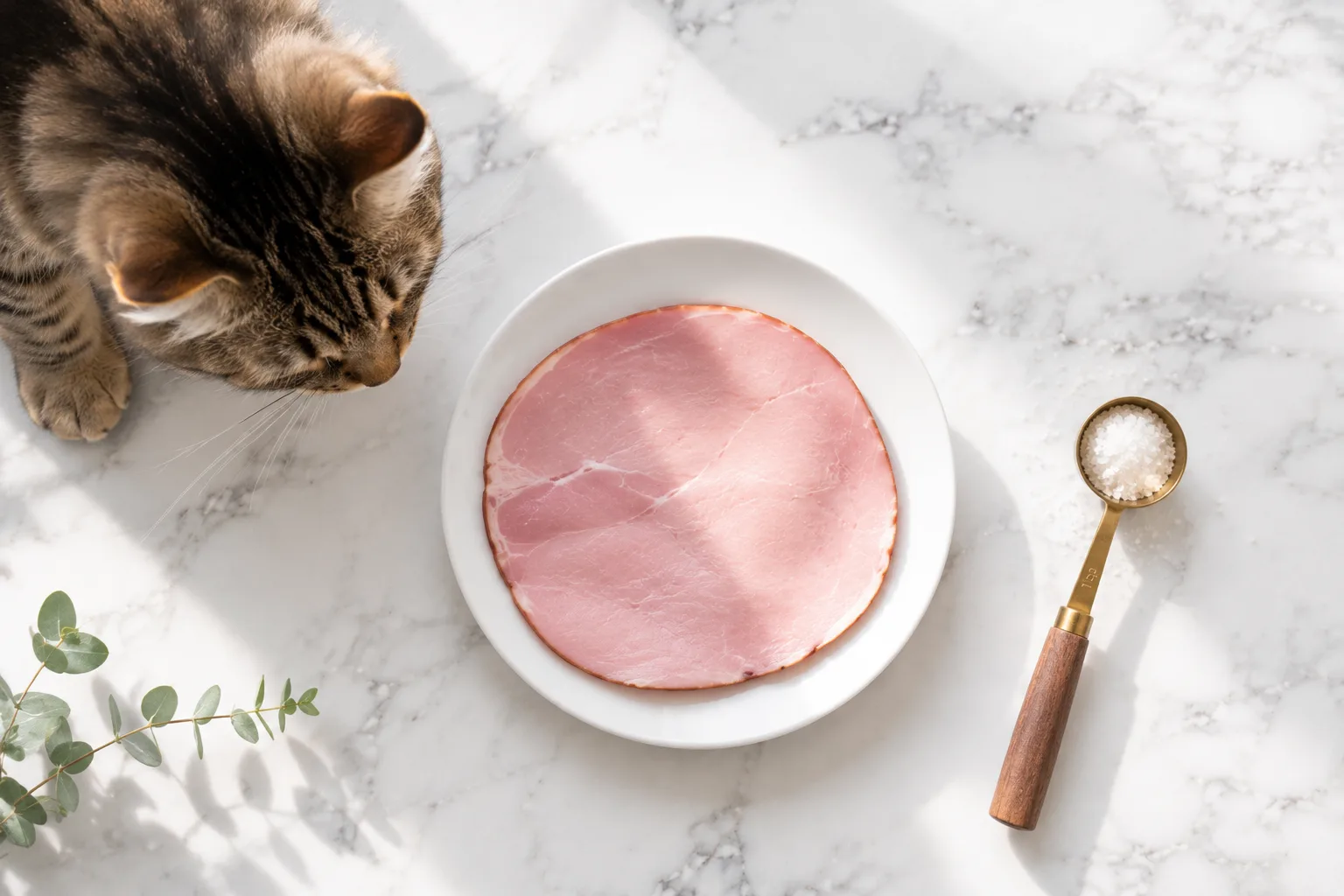 A slice of deli ham on a white plate beside a measuring spoon of salt and a tabby cat