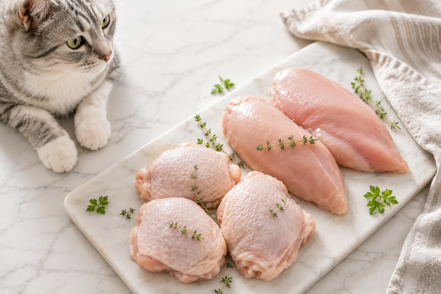 Raw chicken breast and thigh pieces on a white cutting board beside a wary tabby cat