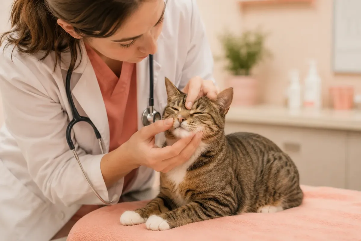 Veterinarian examining a cat's face and mouth