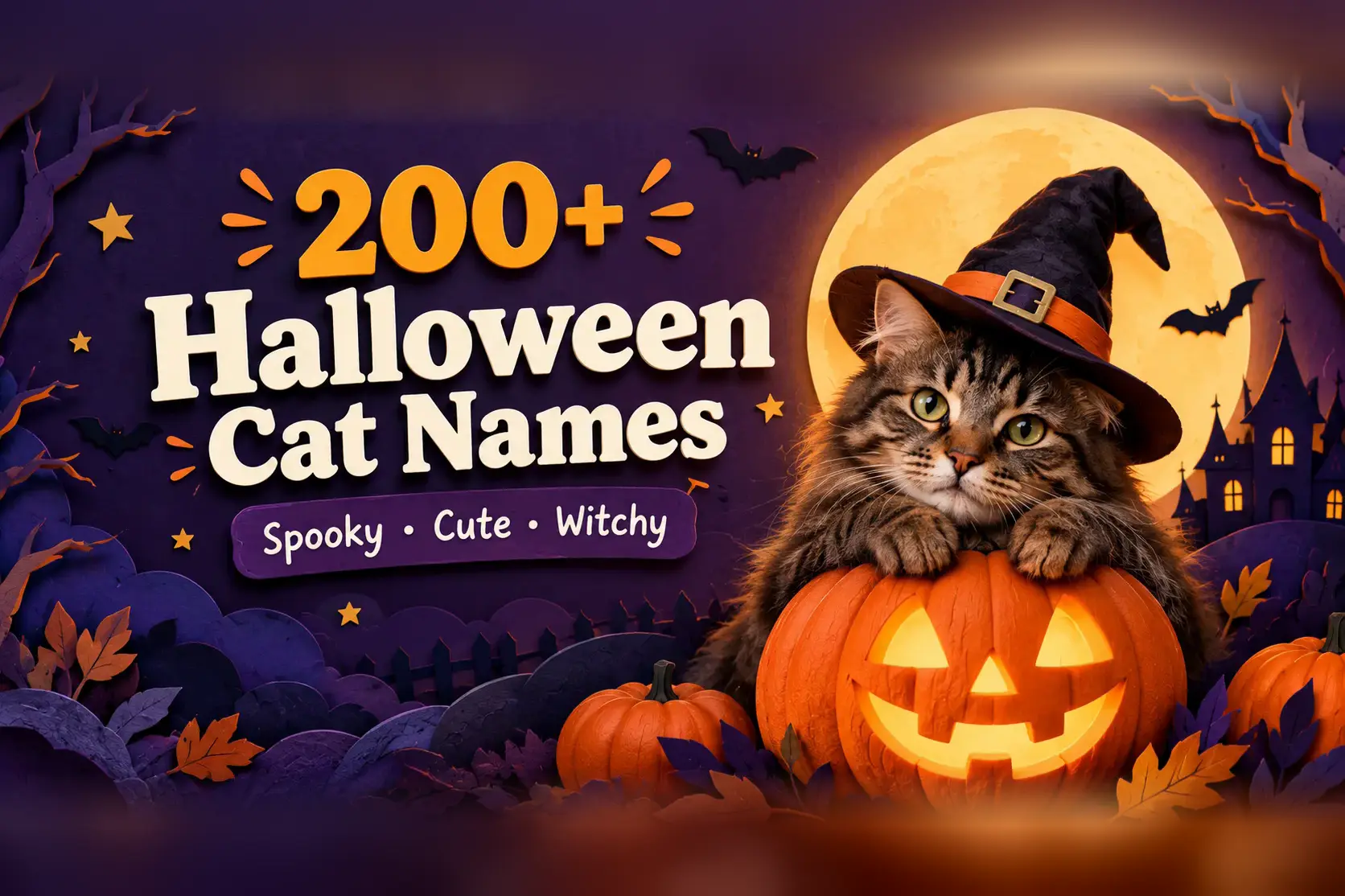 Tabby cat in a witch hat resting on a glowing jack-o'-lantern under a full moon, with the title 200+ Halloween Cat Names