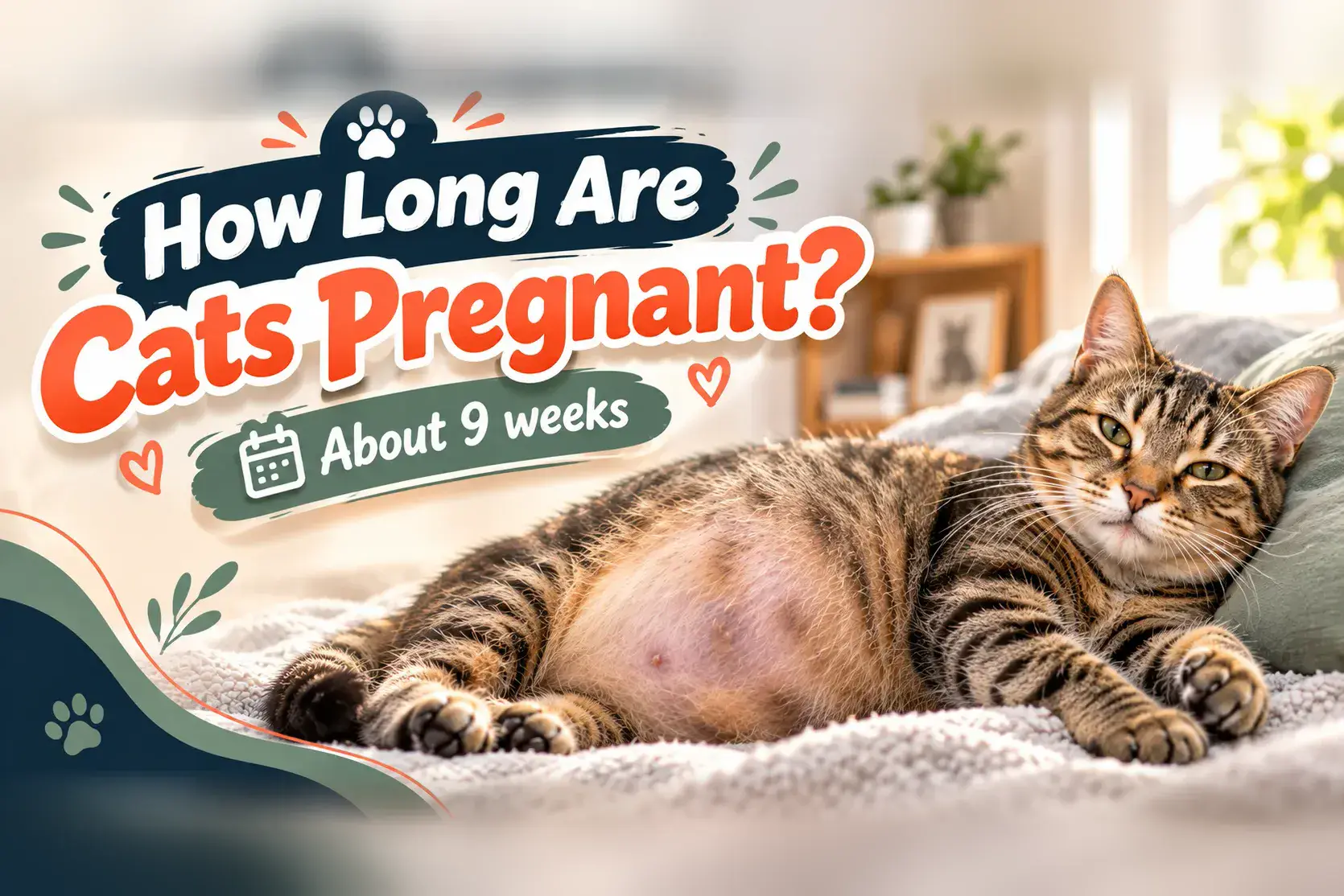 Heavily pregnant tabby cat lying on her side on a soft blanket, her round belly showing