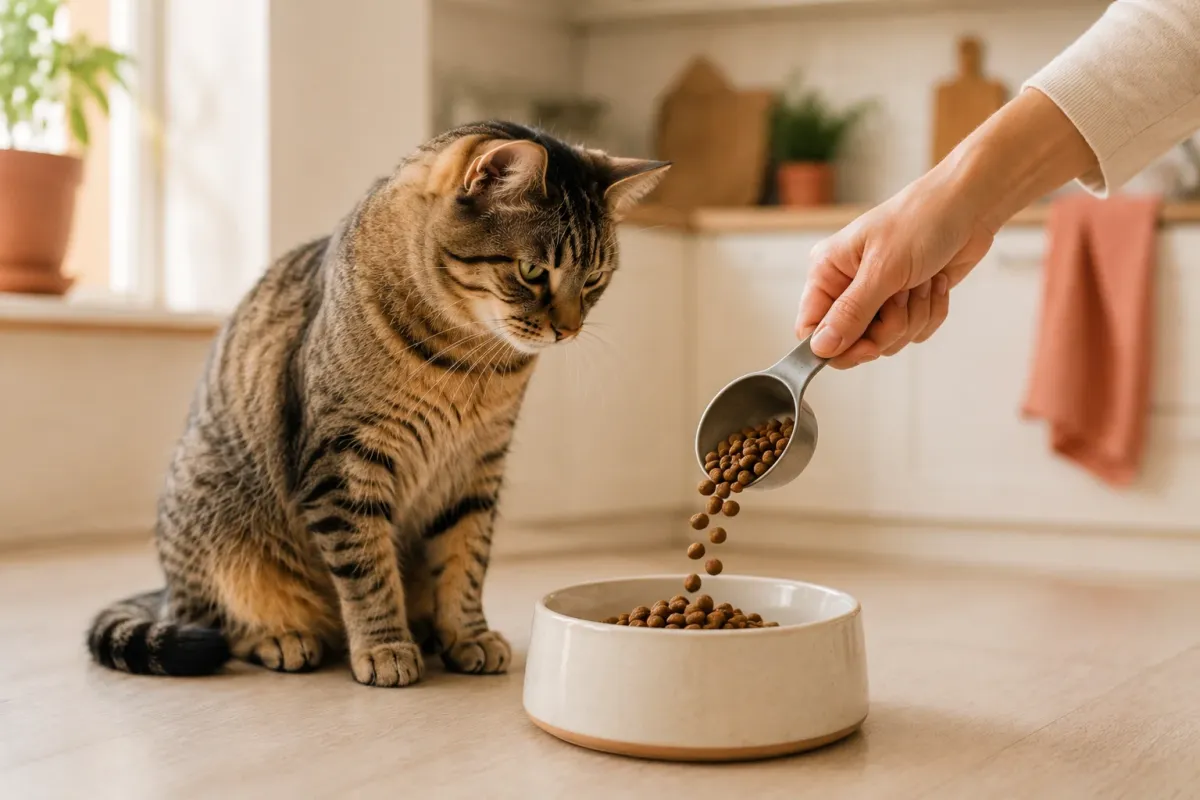 Cat sitting beside a bowl being filled with a measured scoop of kibble