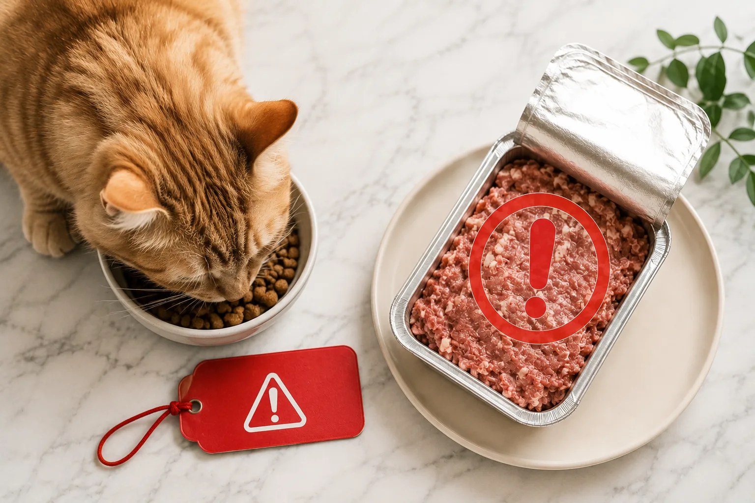 A tray of frozen raw cat food marked with a recall warning tag beside a tabby cat