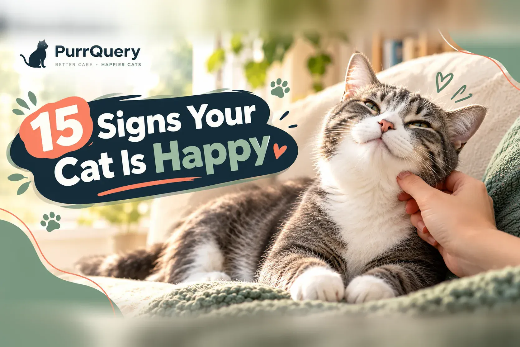Happy grey and white cat lying back on a sofa with half-closed eyes while its owner strokes its chin