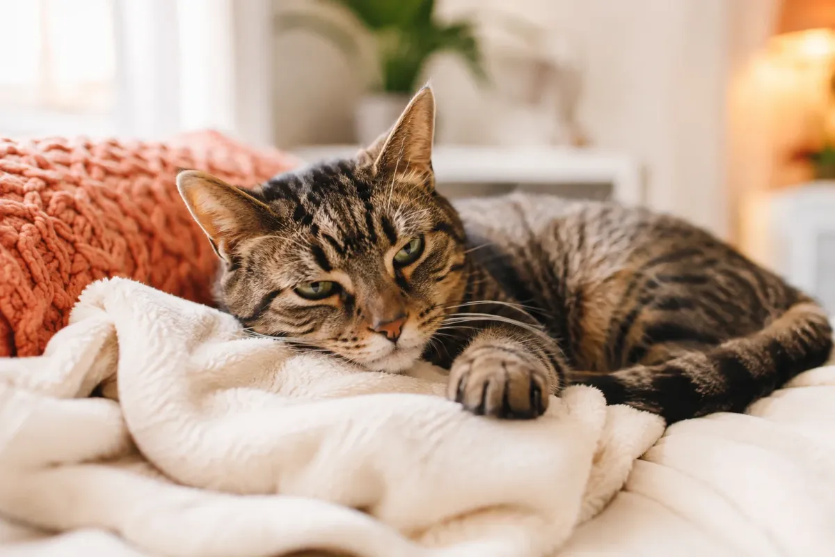 Tabby cat resting quietly, looking subdued