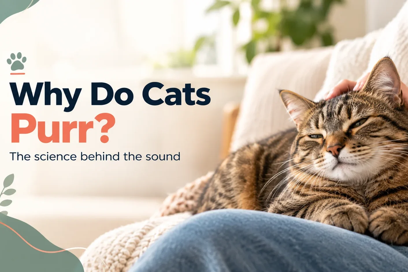 Relaxed tabby cat purring on its owner's lap with half-closed eyes