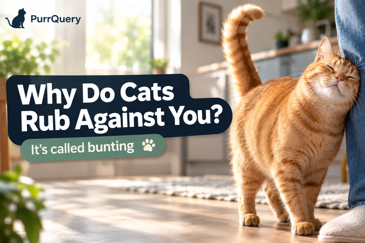 Ginger cat rubbing its cheek against its owner's legs in a sunny kitchen, tail held up