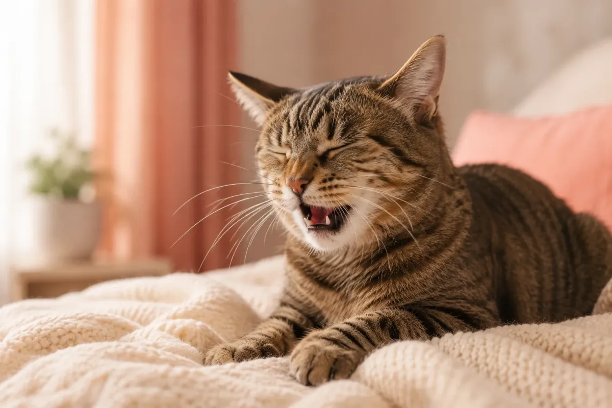 Tabby cat mid-sneeze on a soft blanket at home