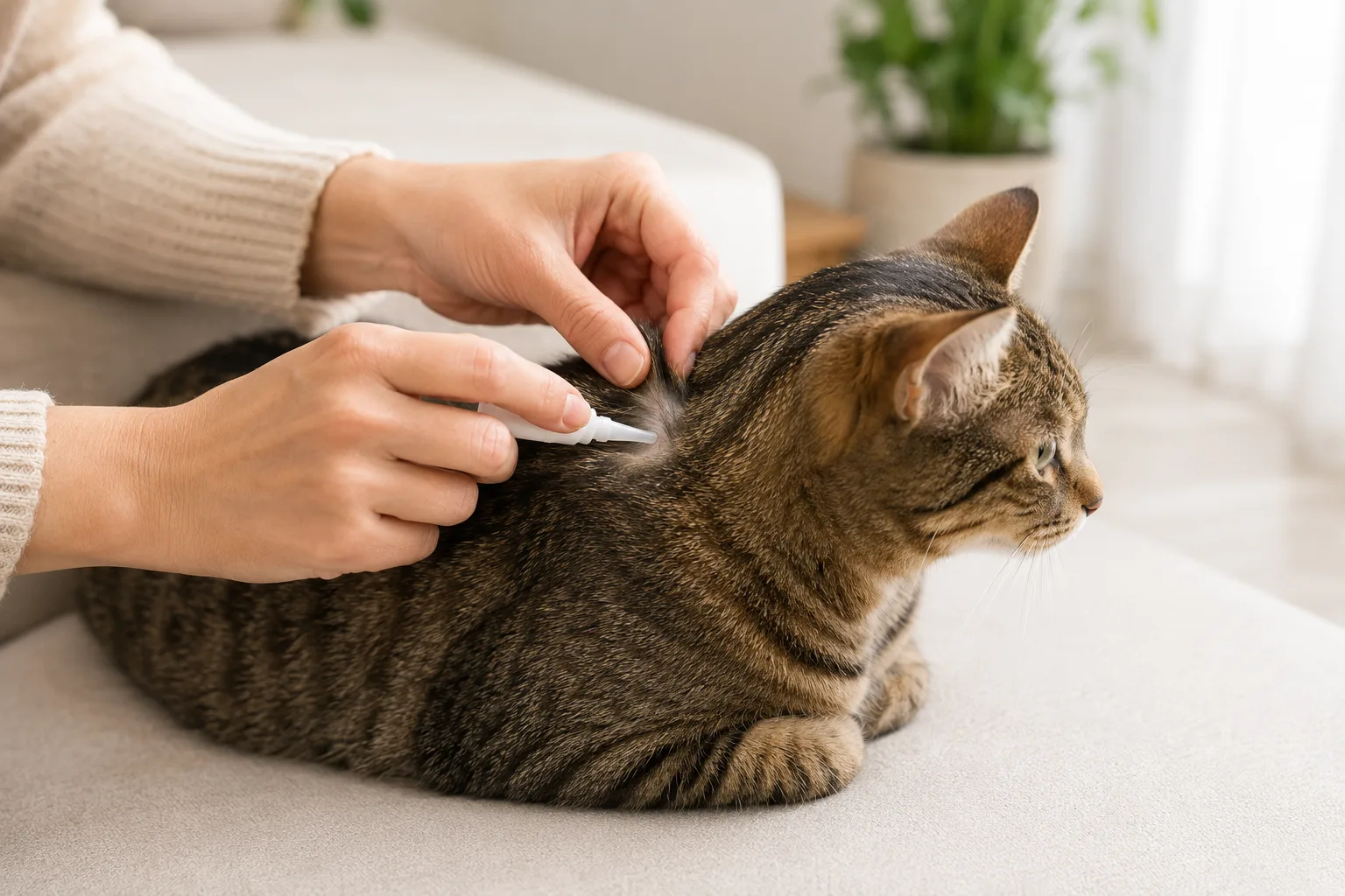 Applying spot-on flea treatment to the back of a cat's neck