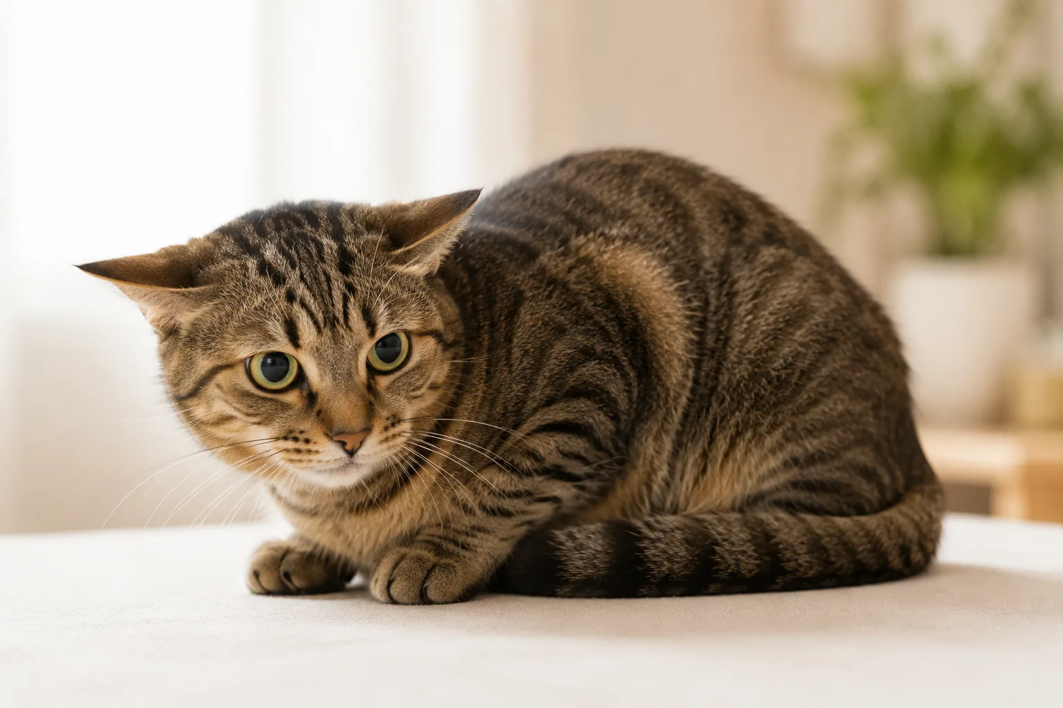 Cat sitting in a hunched, tense posture with ears back, a possible sign of pain
