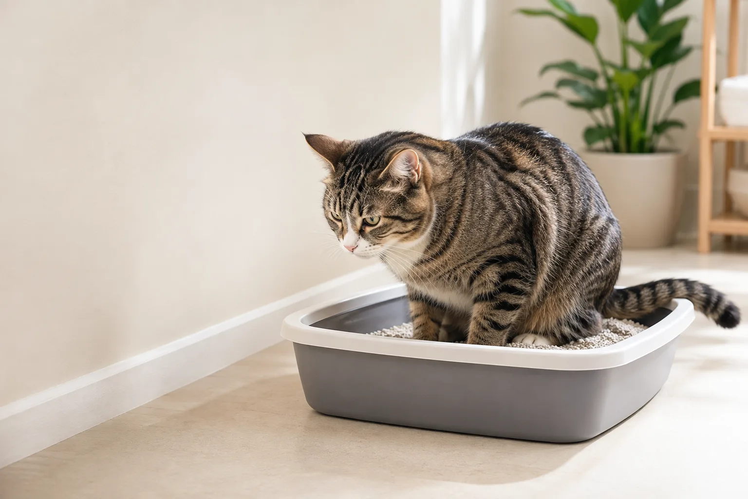Cat sitting in a litter box, straining