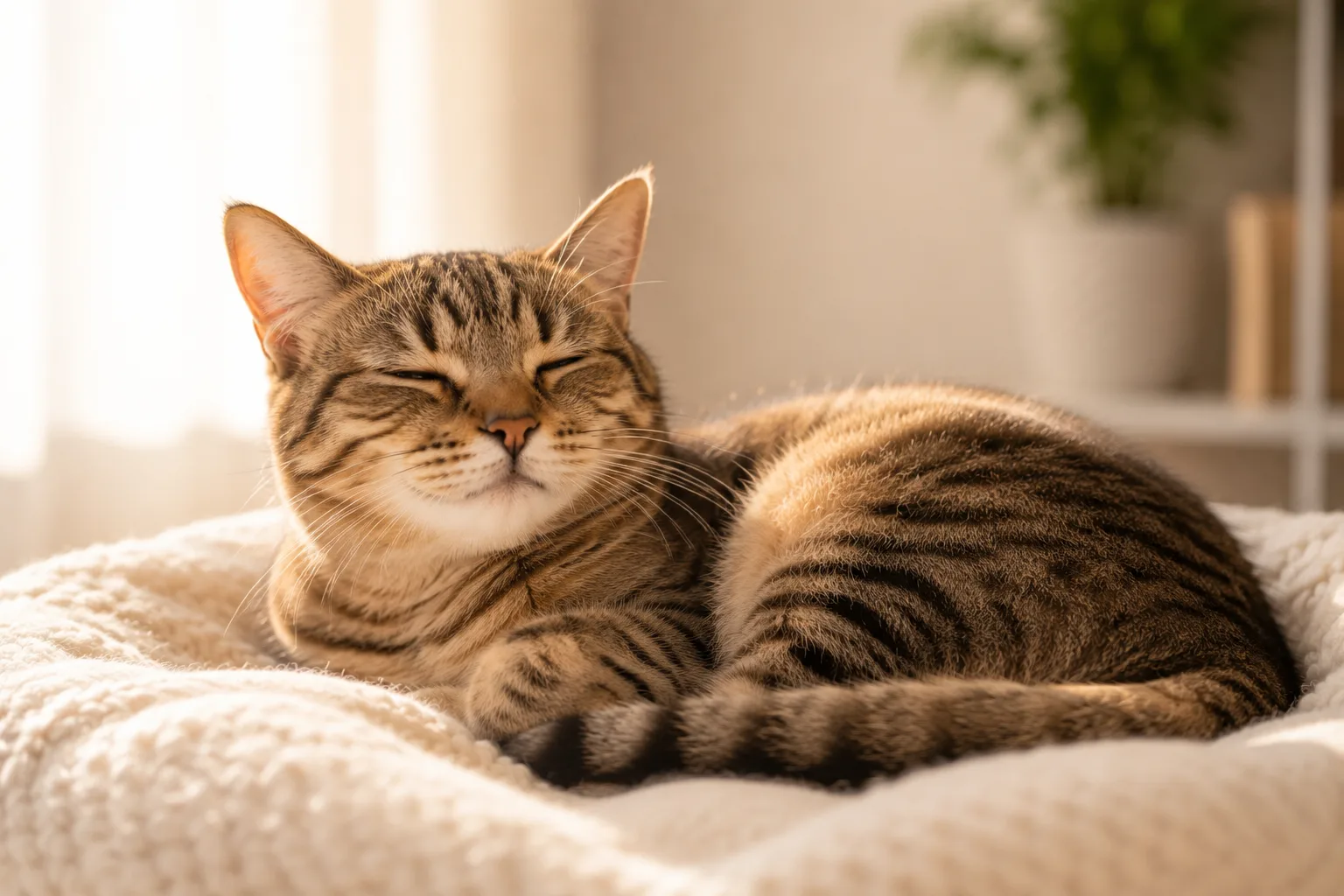 Cat lying curled up with eyes half-closed, purring contentedly