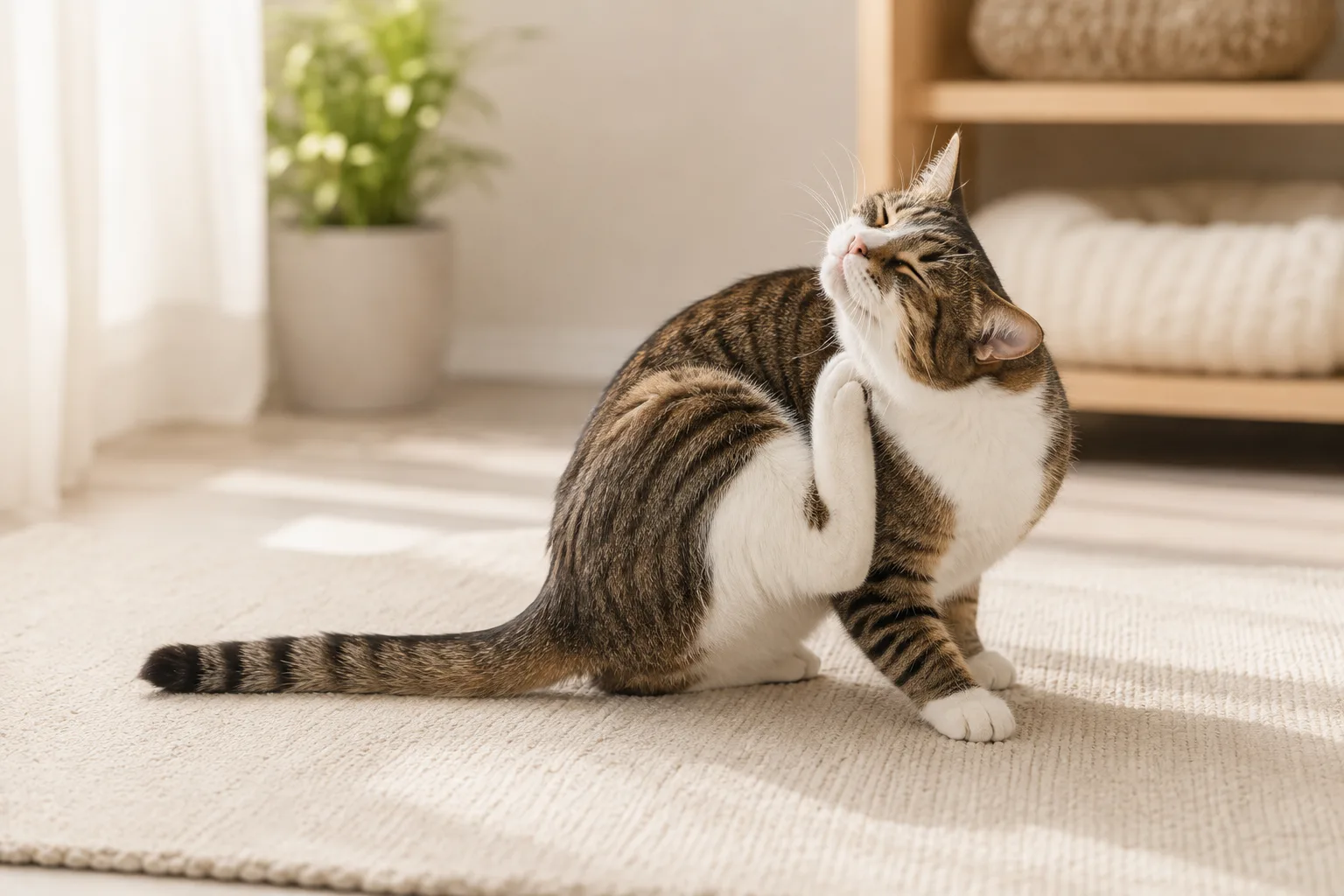 Cat scratching its neck with a back paw