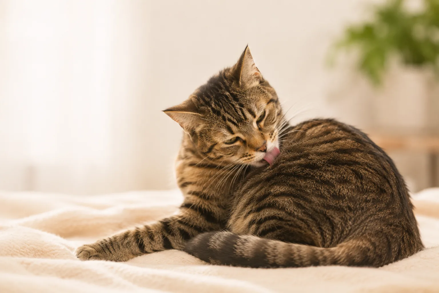 Cat grooming itself, tongue out against its fur