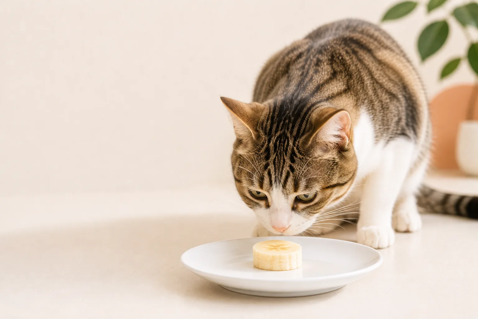 Cat sniffing a small slice of banana on a plate