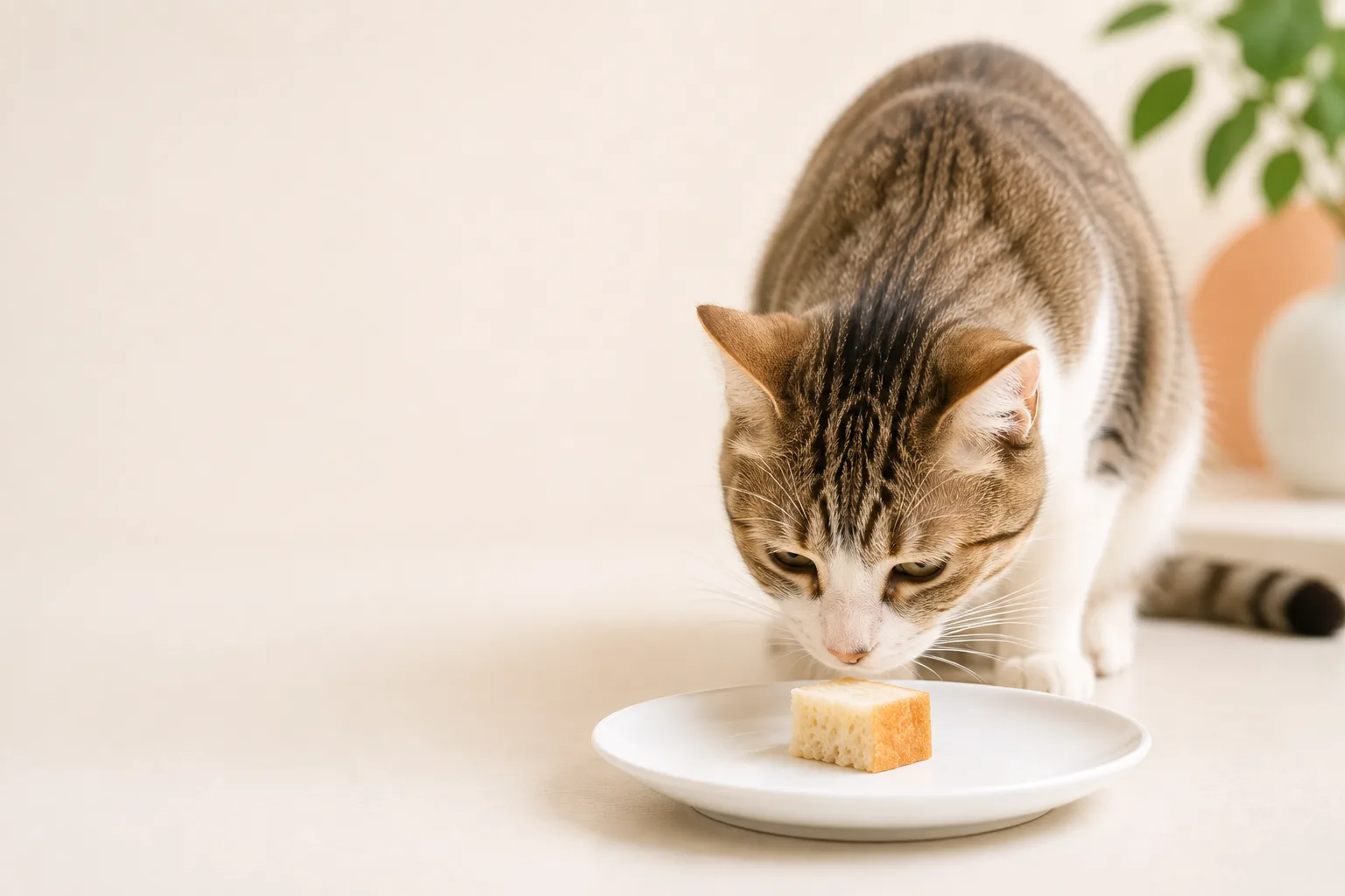 Cat sniffing a small piece of plain baked bread on a plate