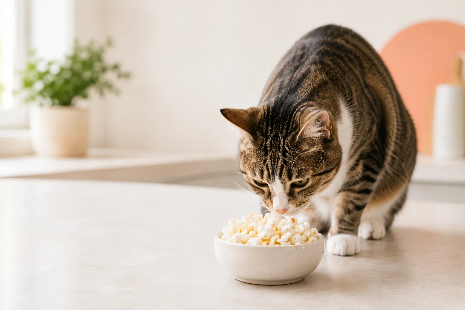 Cat sniffing a bowl of plain popcorn on a kitchen counter