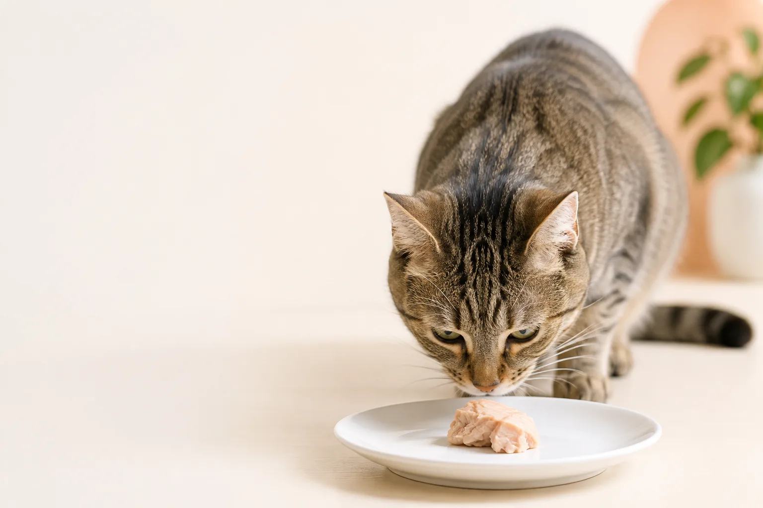 Cat sniffing a small piece of plain tuna on a plate