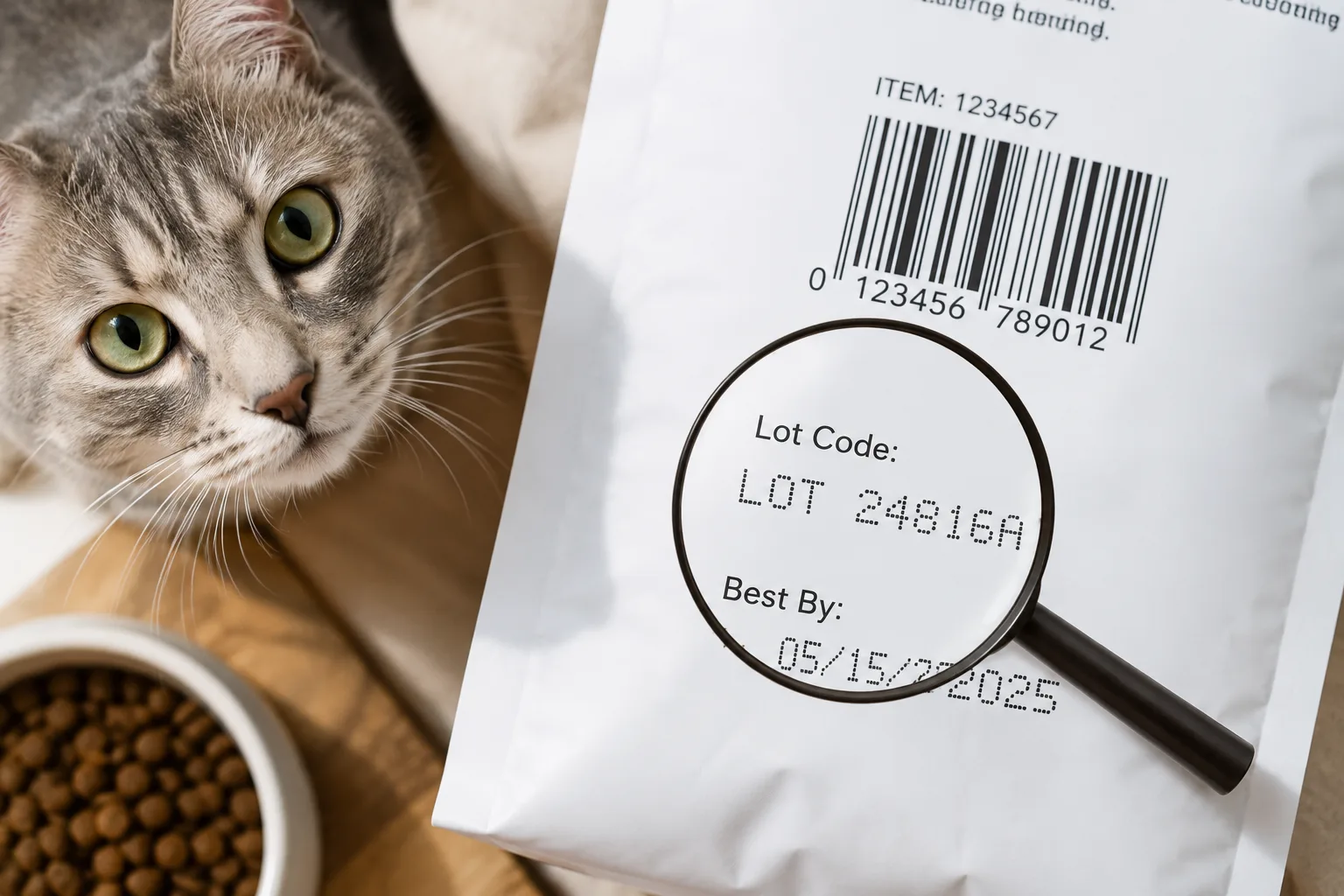 Example of where a lot code, UPC and best-by date are printed on a pet food package