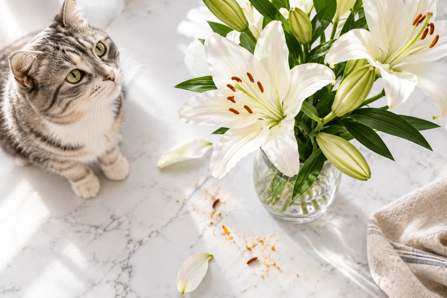 White lilies in a vase on a marble surface beside a curious grey tabby cat