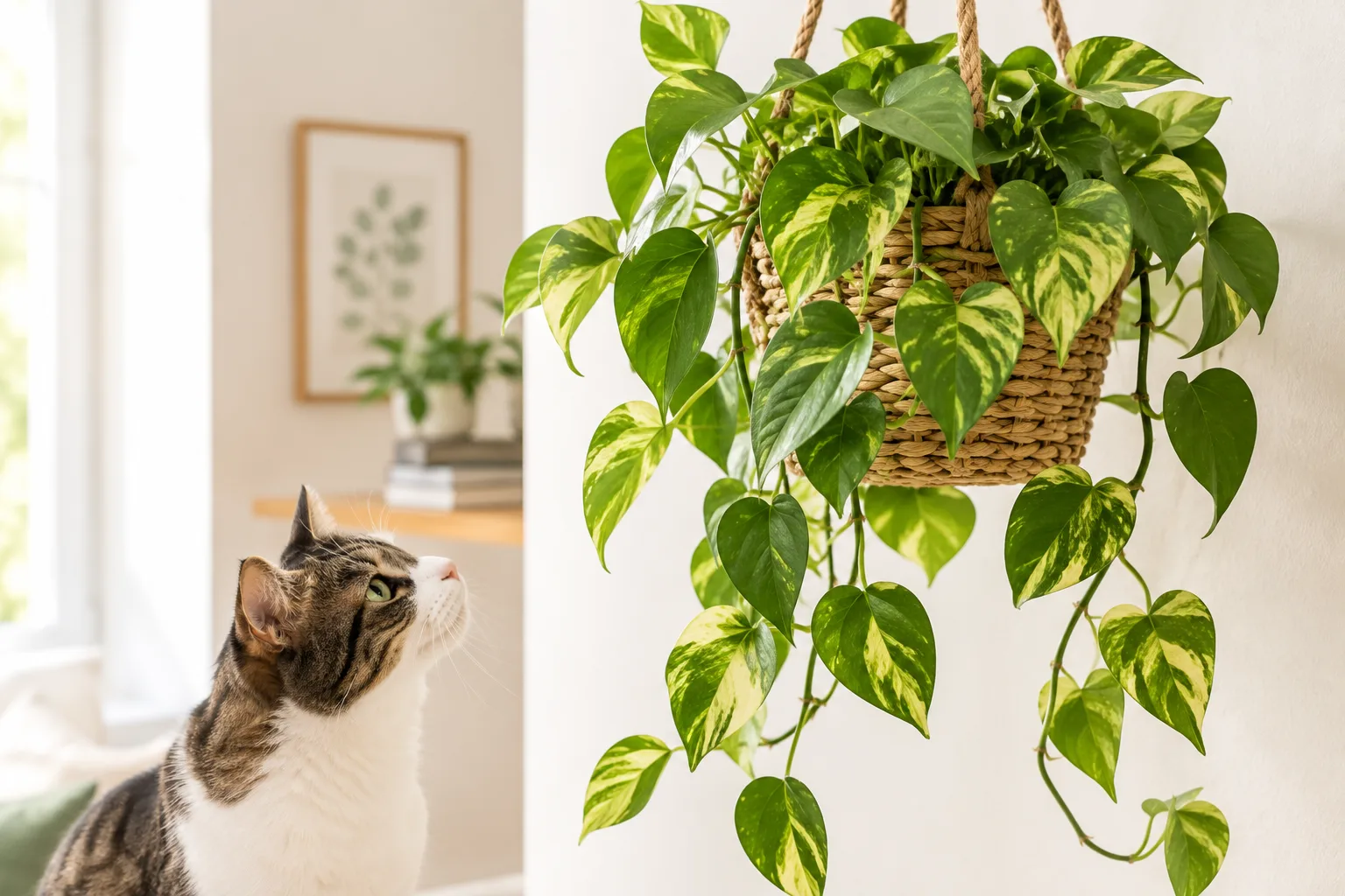 Trailing pothos plant leaves on a shelf, a common houseplant that causes oral irritation in cats
