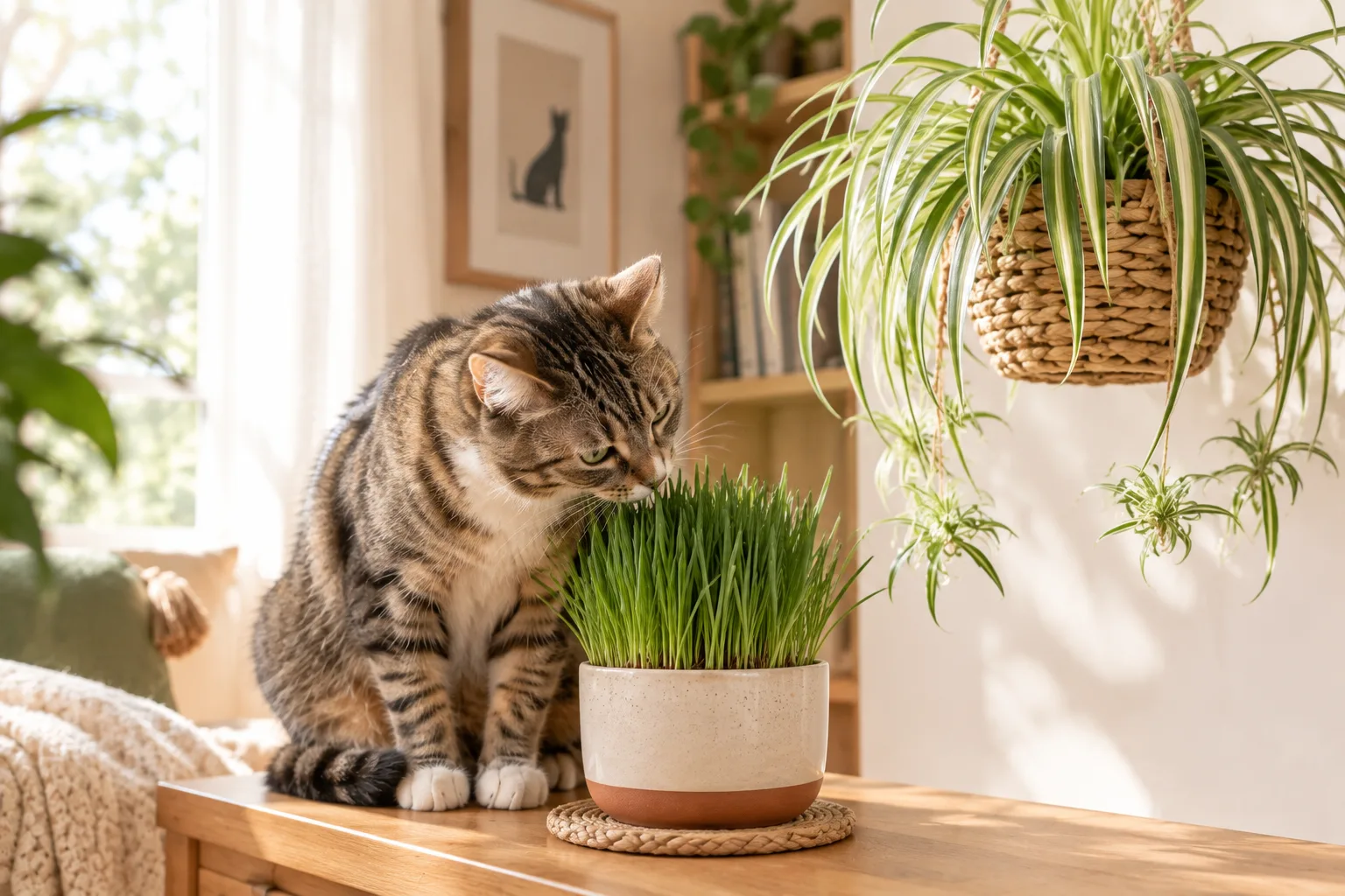 A cat calmly chewing cat grass next to a spider plant, examples of cat-safe houseplants