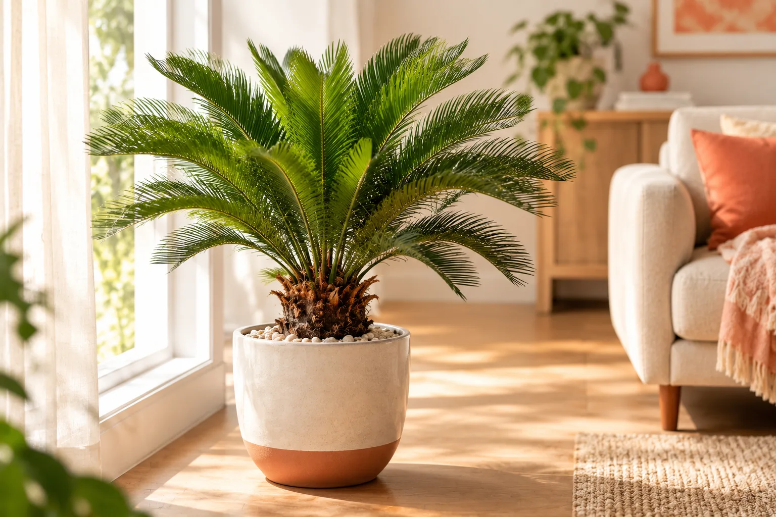 A sago palm plant in a terracotta pot, one of the most liver-toxic houseplants for cats